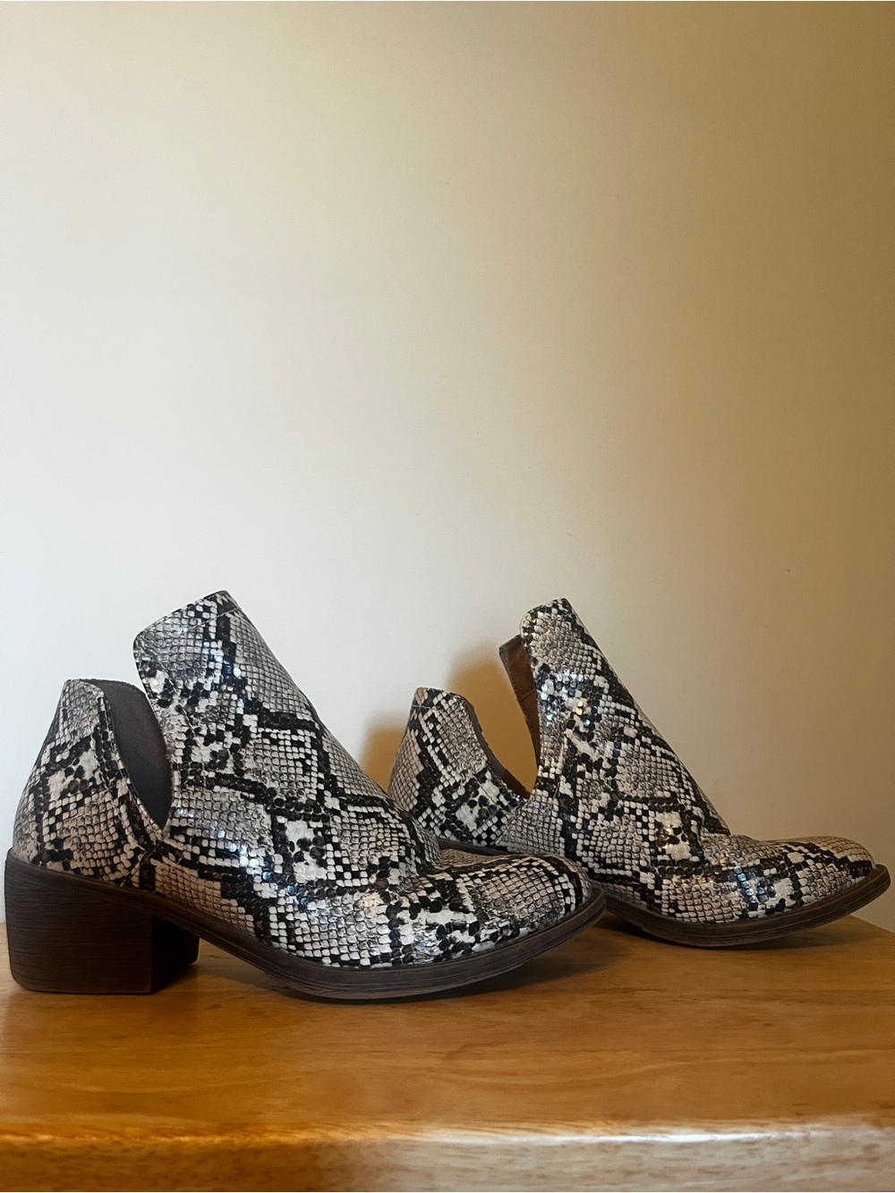 Volatile Black & White Snake-Print Cutout Ankle Booties